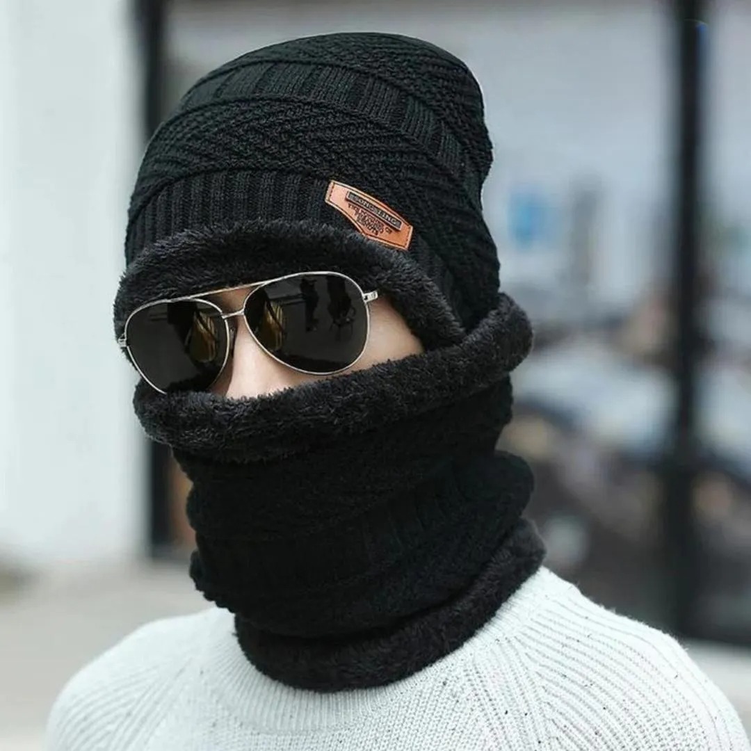 Wool Cap With Neck Warmer | Beanie And Scarf Set With Fleece Mask