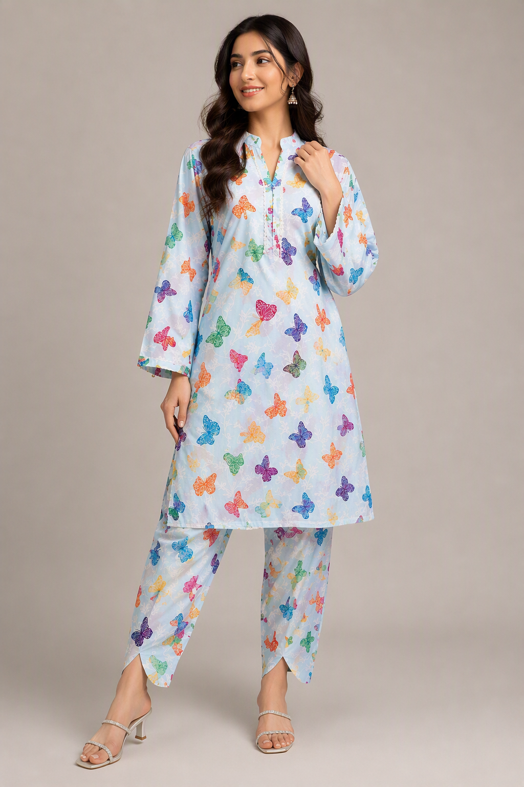 Digital Print Polo Cotton 2 Piece Suit for Girls – Butterfly Printed Shirt & Trouser Set | Soft Summer Casual & Party We...
