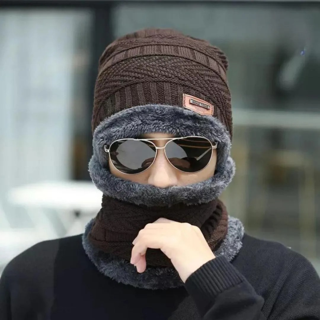 Wool Cap With Neck Warmer | Beanie And Scarf Set With Fleece Mask view 4
