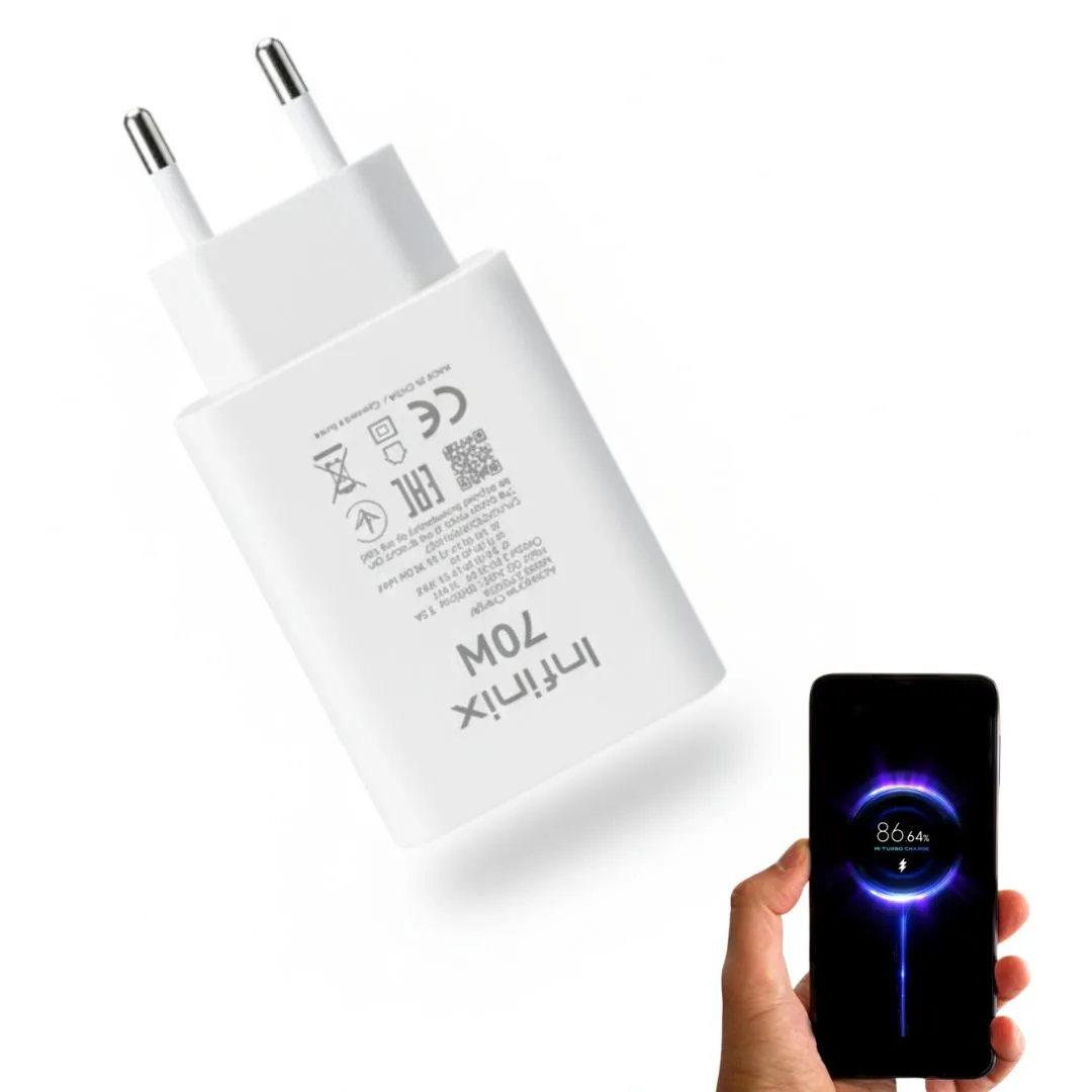 Infinix 70W USB Fast Charger with Type-C Cable | Super Fast Charging Adapter
