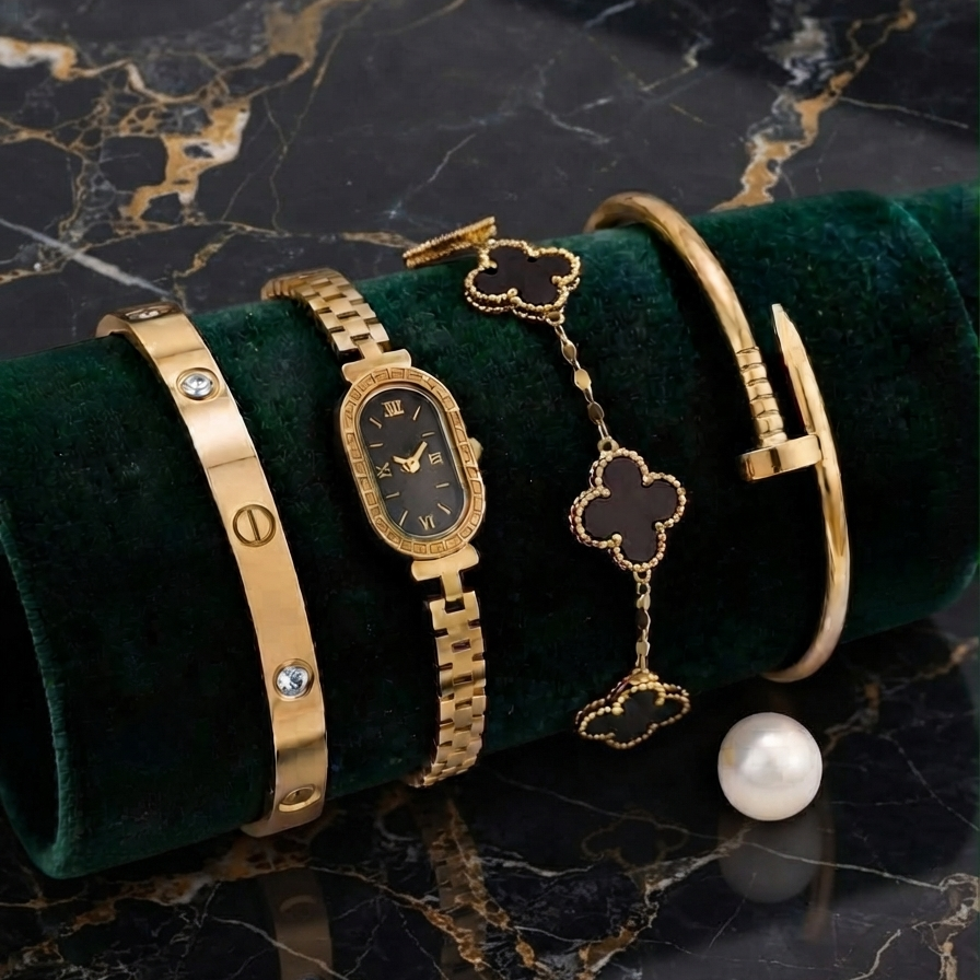 Stainless Steel 4 Piece Bracelet, Watch And Bangle Combo - Buy Online in Pakistan at Zenbu Store