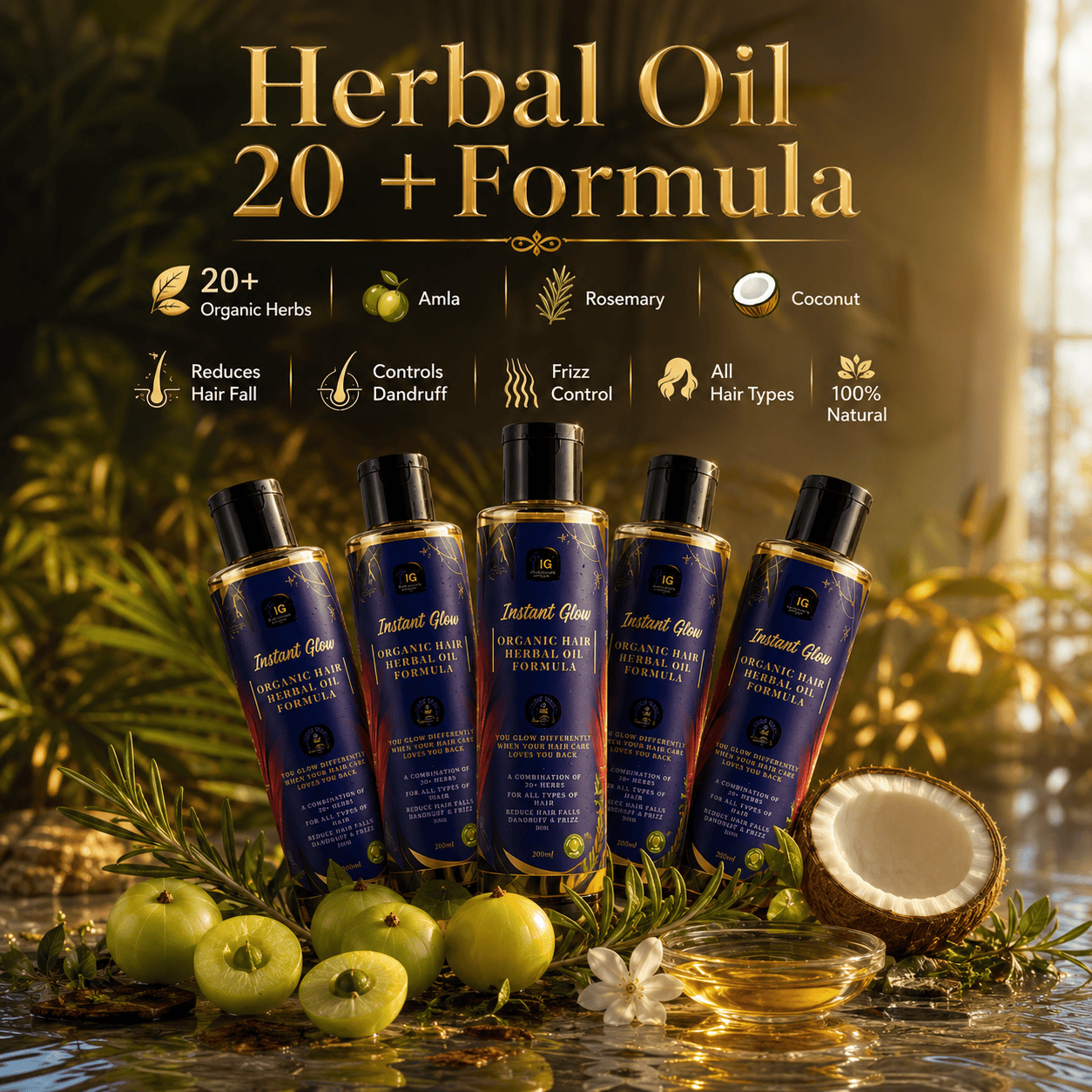 Instant Glow Herbal Oil 20+ Formula 120ml | Organic Hair Oil with Amla, Rosemary & Coconut | Hair Fall, Dandruff & Frizz Control | Hair Growth & Scalp Nourishing Oil