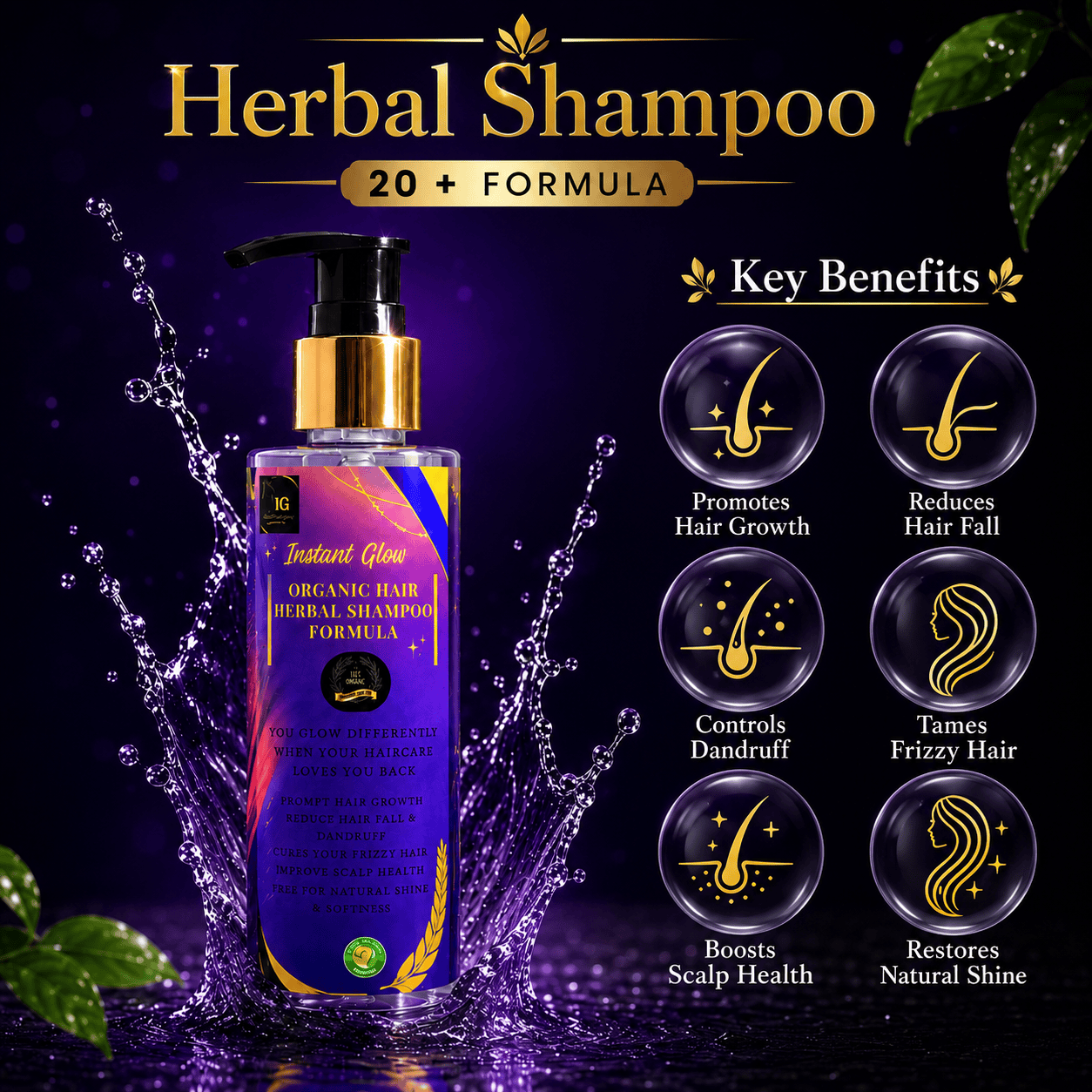 Instant Glow Herbal Shampoo 20+ Formula 150ml | Organic Herbal Hair Shampoo for Hair Growth & Hair Fall Control | Dandruff & Frizz Control | Scalp Nourishing Shampoo