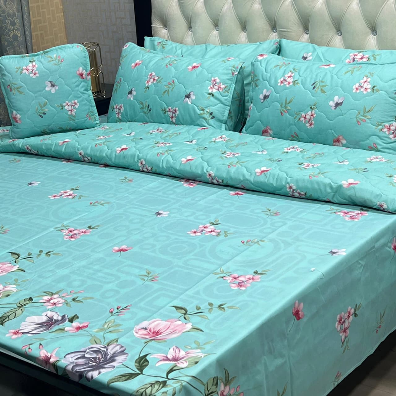 Premium 7 Piece Printed Comforter Set King Size Cotton Mix Bedding Set With Filled Comforter Bedsheet Pillow Covers And Cushion Cover