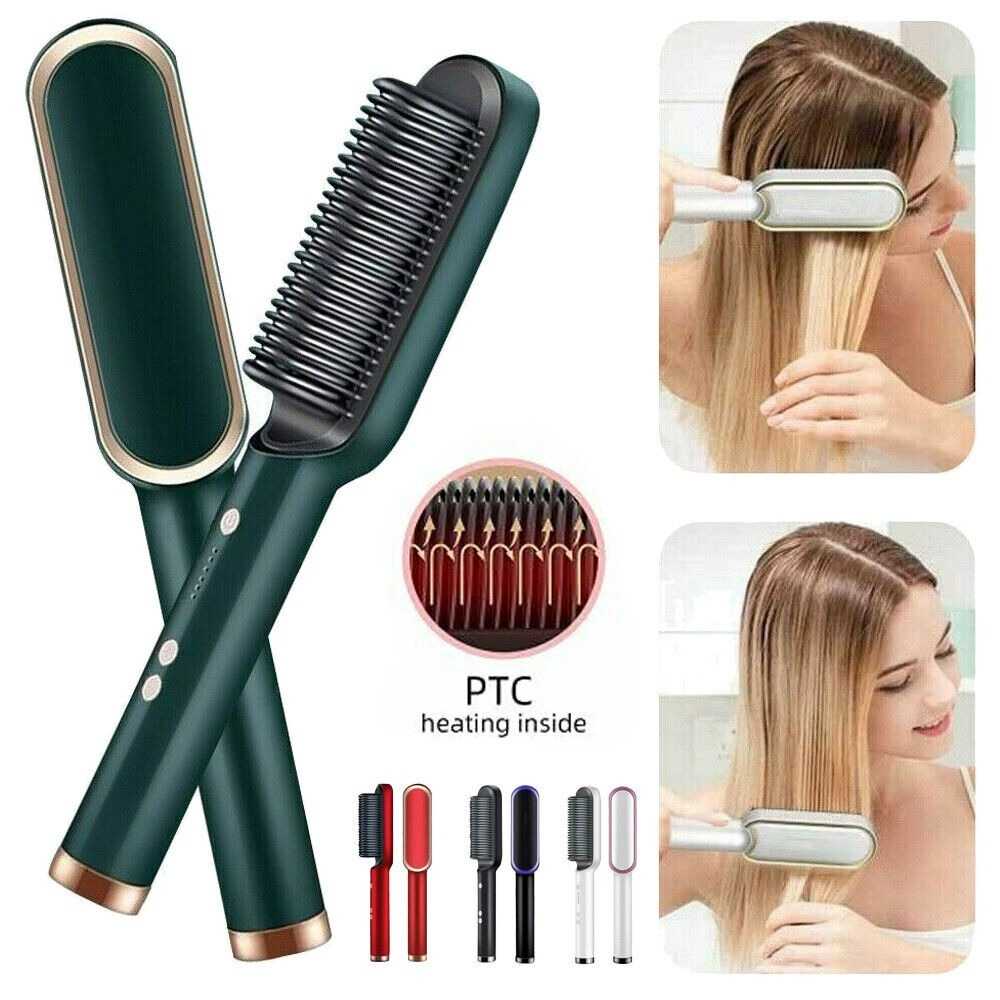 909 Hair Straightening Brush | Electric 2‑in‑1 Straightener & Curler | Heating Styling Comb | Quick 3‑Minute Styling view 2