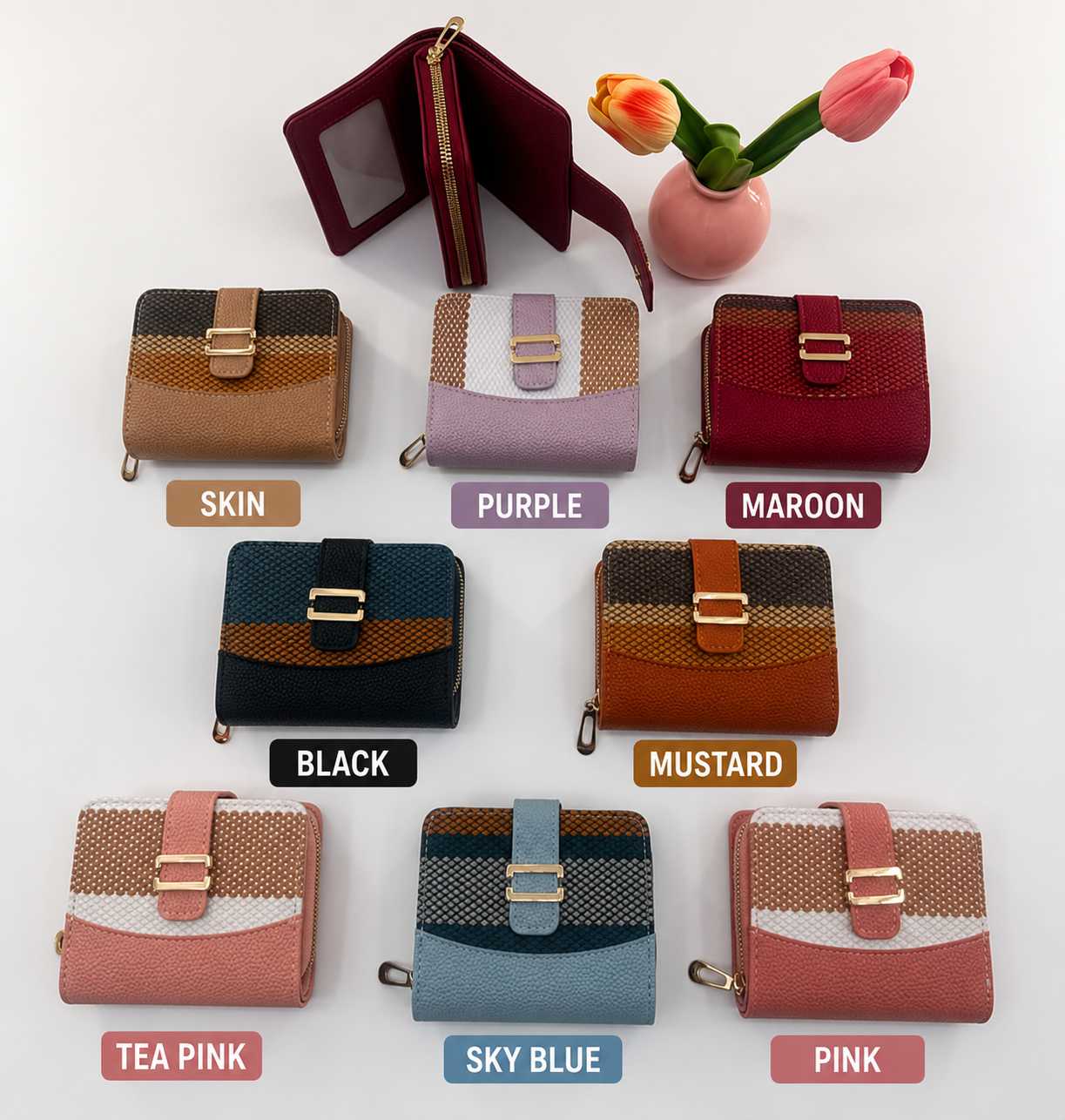 Premium Imported Ladies Check Flap Wallet with Zipper & Card Slots