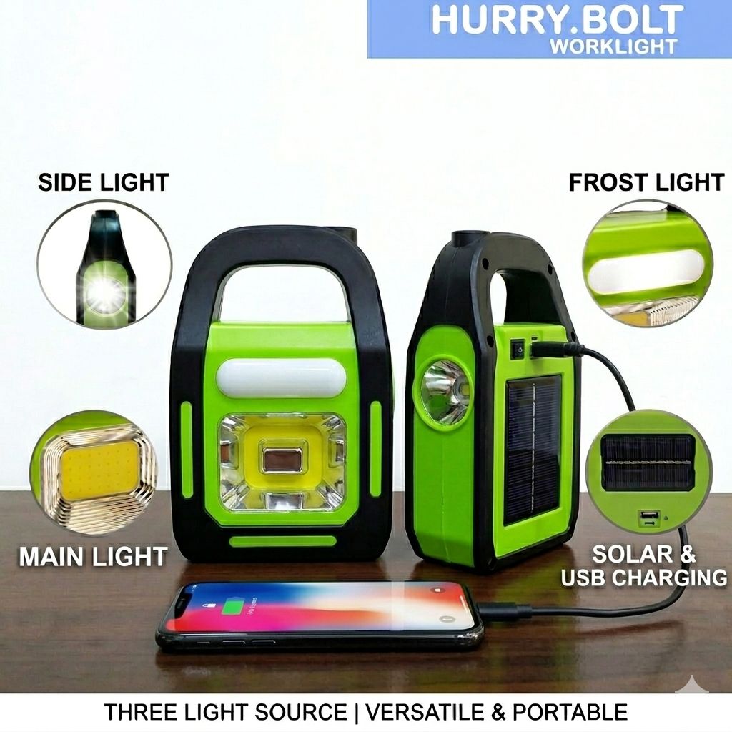 Solar Rechargeable 3-in-1 Emergency Light - Hurry Bolt Portable LED Work Light, Torch & Power Bank view 2
