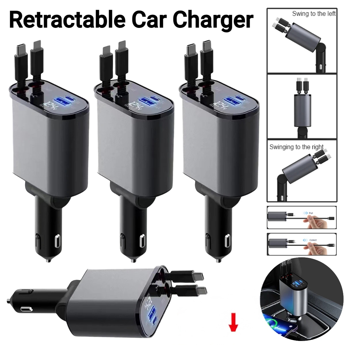4 In 1 Car Charger 120W Retractable Design Without Light Durable Reliable Fast Charging Compact Practical Choice For Smartphones And Gadgets view 5
