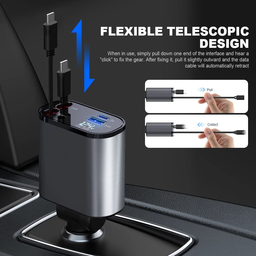 4 In 1 Car Charger 120W Retractable Design Without Light Durable Reliable Fast Charging Compact Practical Choice For Smartphones And Gadgets view 2