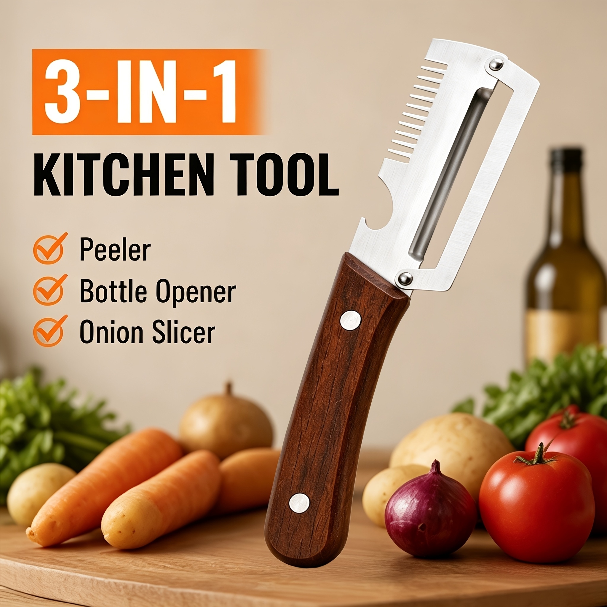 3in1 Peeler Knife Stainless Steel | Multifunctional Fruit & Vegetable Peeler With Wooden Handle | Kitchen Vegetable Cutter Slicer Tool & Bottle Opener view 3