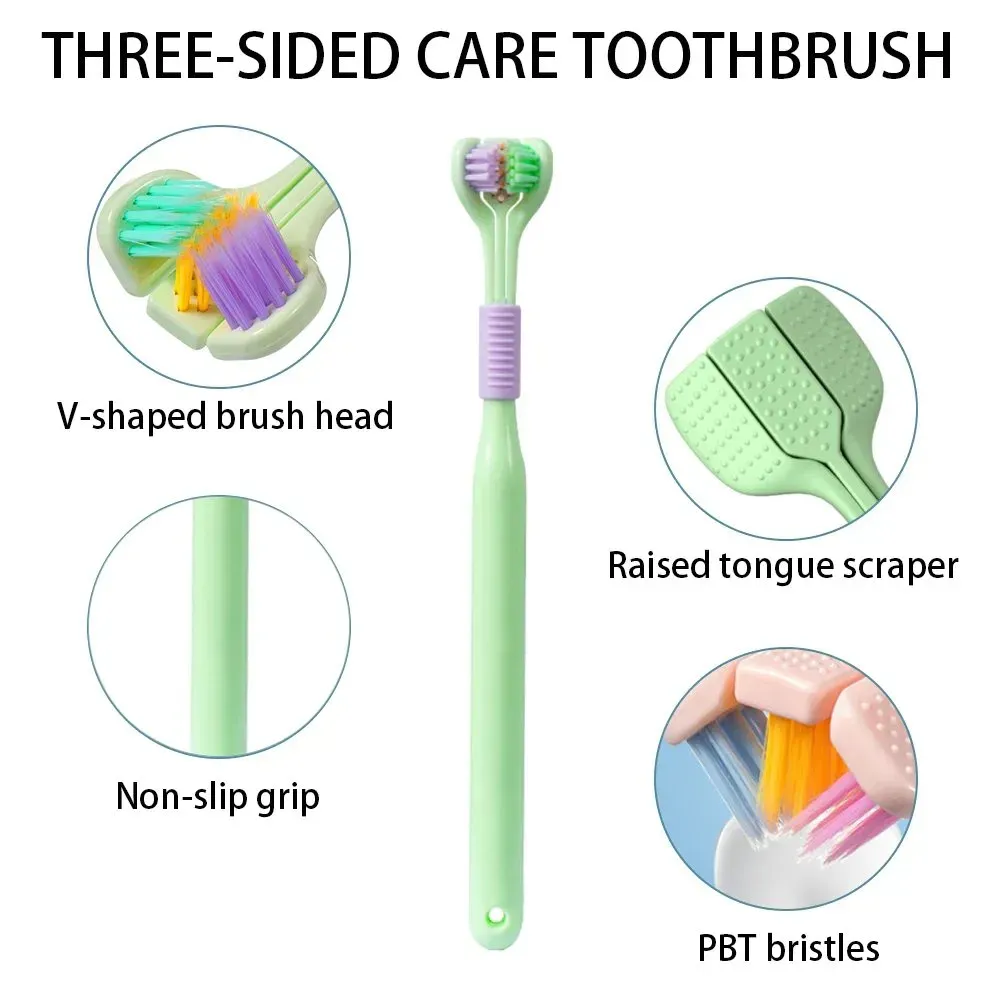Three-Sided V-Shaped Toothbrush for Adults, Soft PBT Bristles with 360° Deep Cleaning, Non-Slip Handle & Built-In Tongue Scraper Packet of 2 Brushes Random Colors view 3