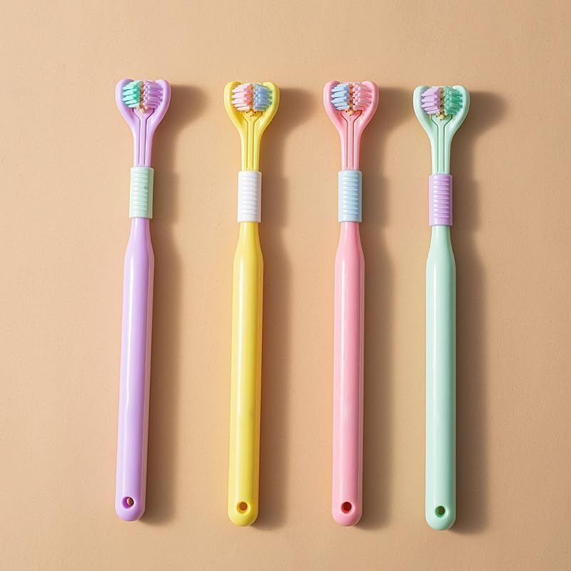 Three-Sided V-Shaped Toothbrush for Adults, Soft PBT Bristles with 360° Deep Cleaning, Non-Slip Handle & Built-In Tongue Scraper Packet of 2 Brushes Random Colors view 4