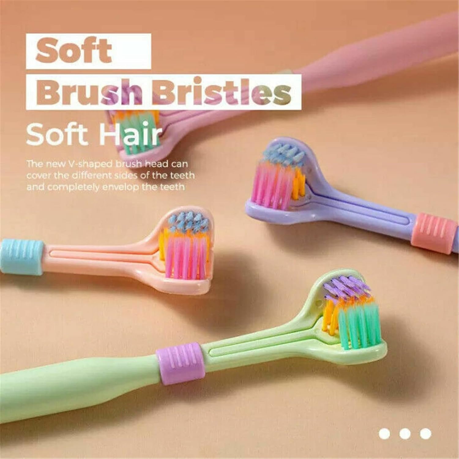 Three-Sided V-Shaped Toothbrush for Adults, Soft PBT Bristles with 360° Deep Cleaning, Non-Slip Handle & Built-In Tongue Scraper Packet of 2 Brushes Random Colors view 2