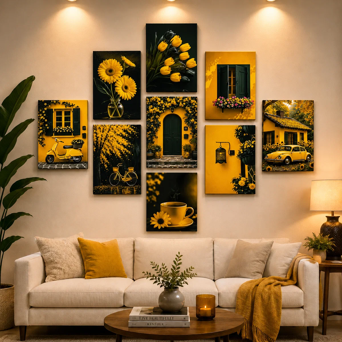Set of 9 Pcs Yellow Theme Sticky Wall Art Tiles