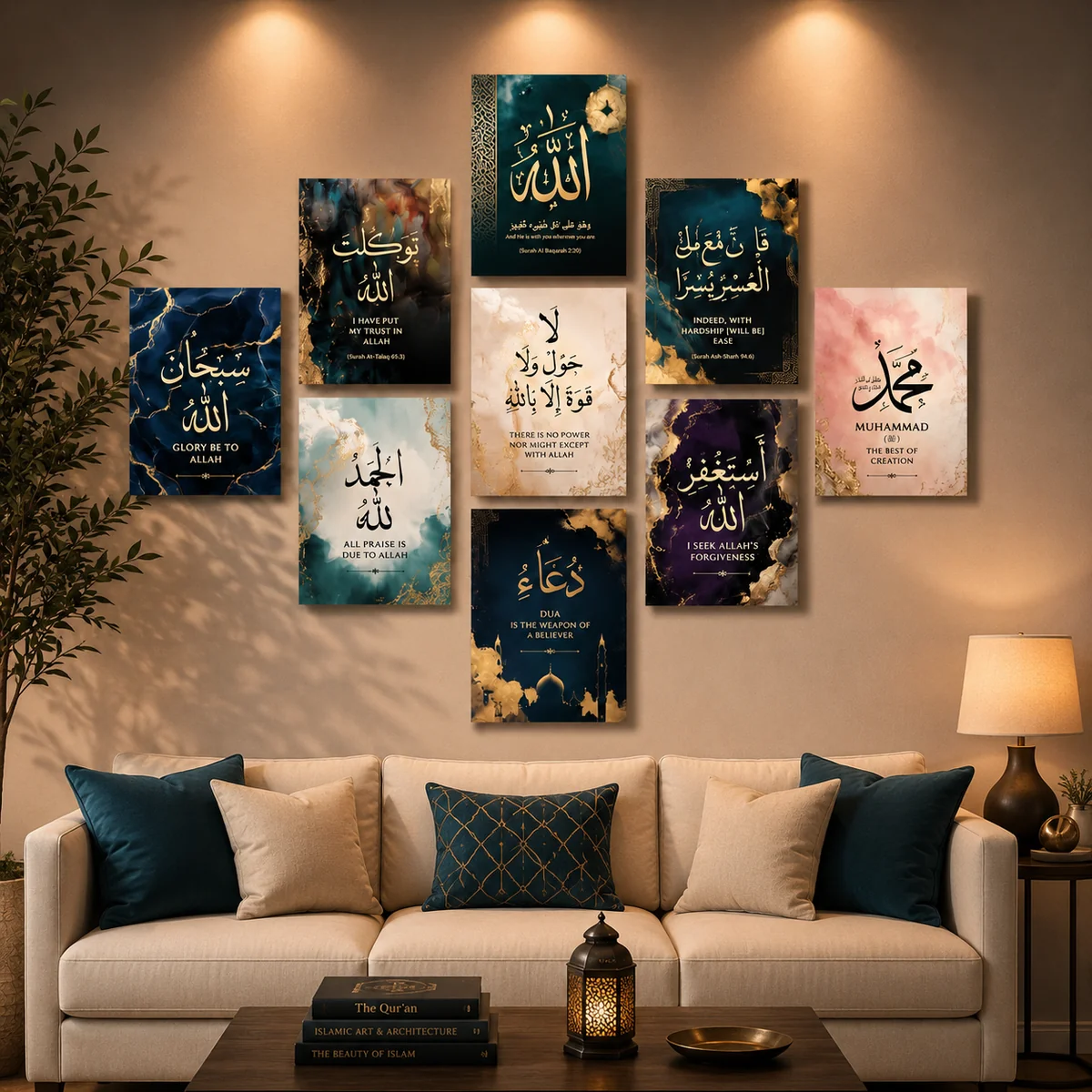 9 Pcs Islamic Calligraphy Wall Art Tiles – Elegant Sticky Prints for Home & Office