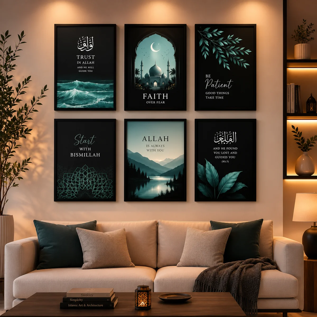 Set of 6 Islamic Art Sticky Wall Tiles – Motivational Quotes & Modern Design (8x11)