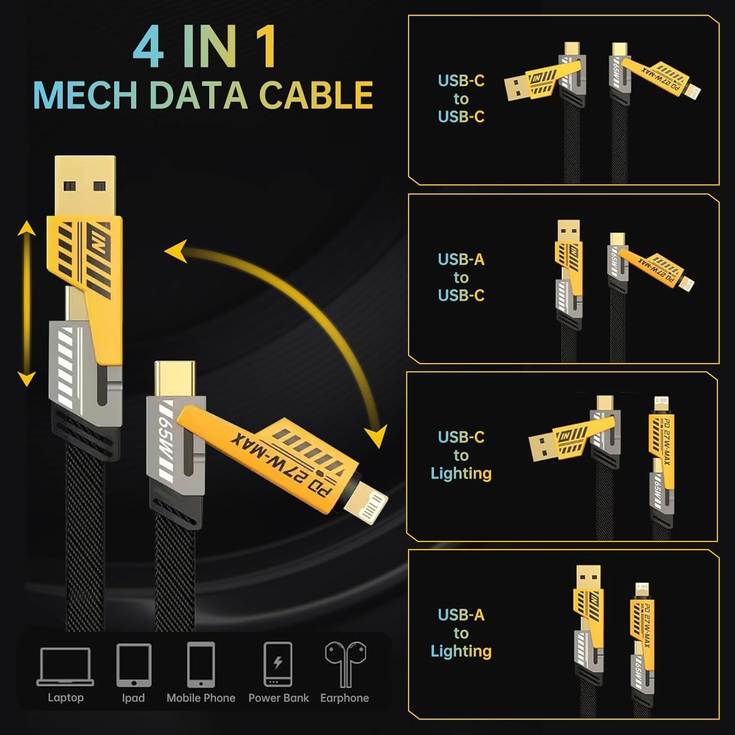 4 In 1 Mech High Speed Data Cable Durable Reliable Fast Charging Stable Transfer Universal Compatibility Practical Choice For Smartphones Tablets And Laptops