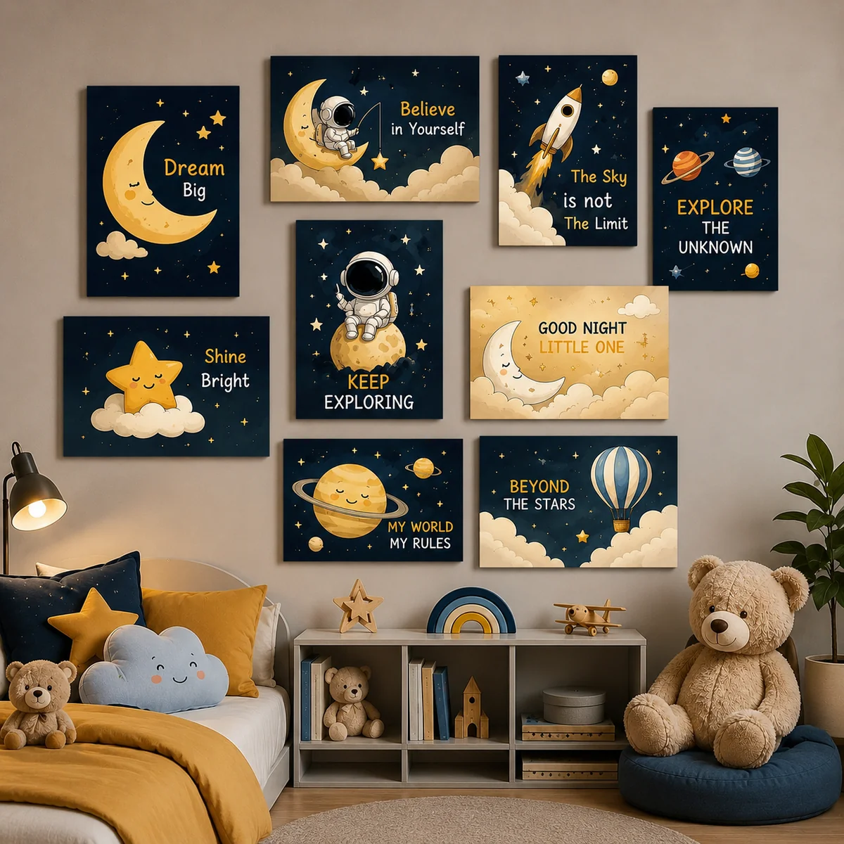 9 Pcs Space Theme Kids Wall Art Tiles – Astronauts, Planets & Stars