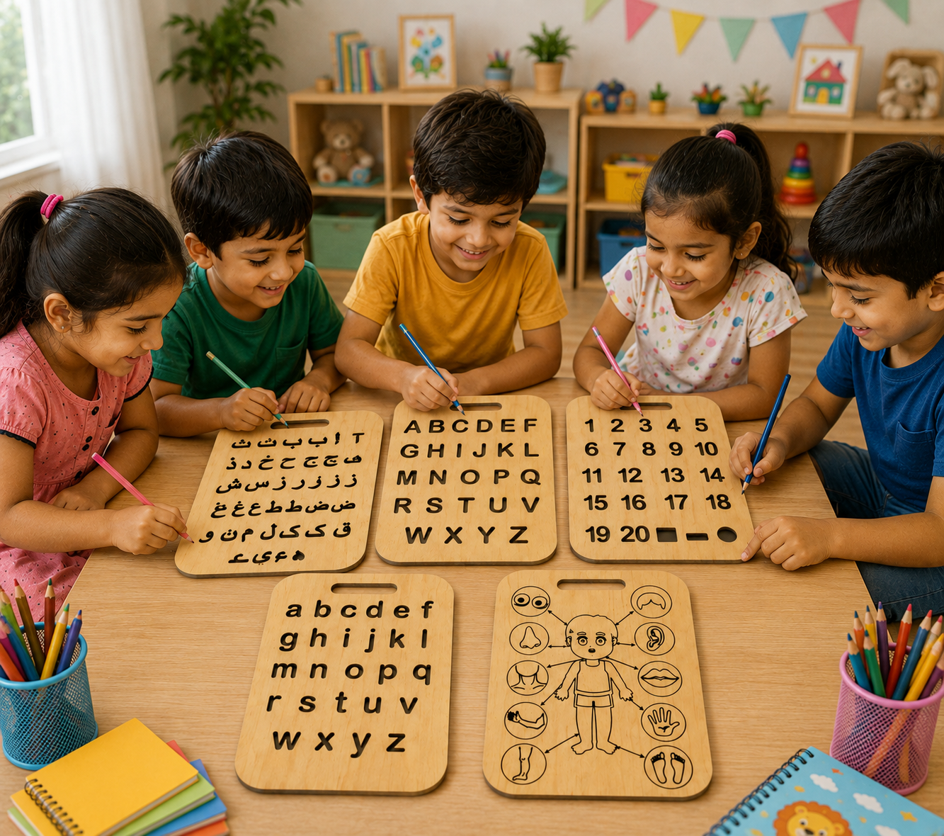 Educational Wooden Tracing Board Set 5 Pcs – Urdu, English, Numbers & Body Parts Learning Boards thumbnail 2