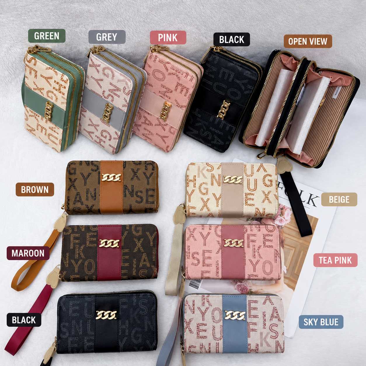 Stylish Ladies Double-Zip Wallet – Premium Printed Design, Multiple Compartments & Elegant Hand Strap