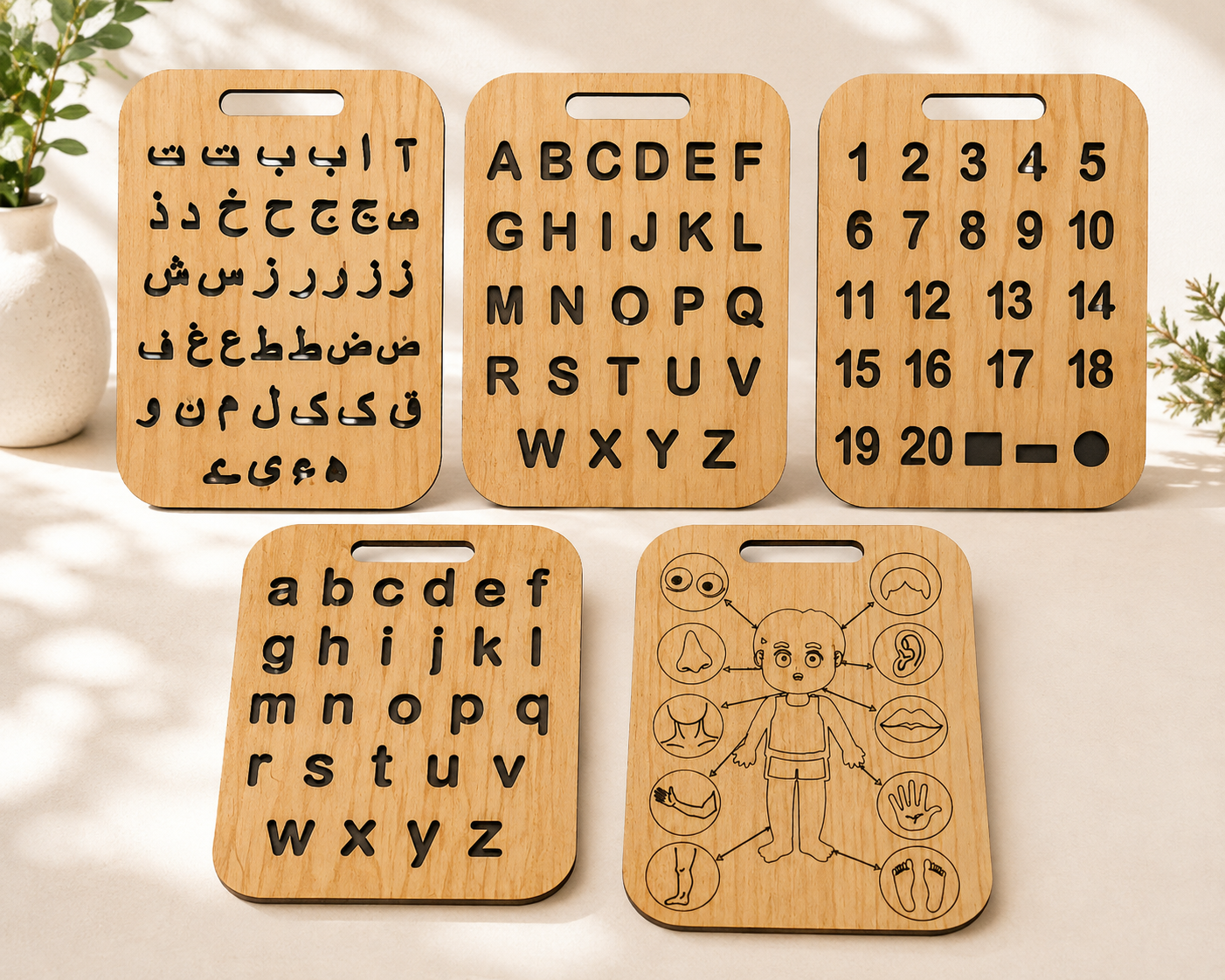 Educational Wooden Tracing Board Set 5 Pcs – Urdu, English, Numbers & Body Parts Learning Boards thumbnail 3