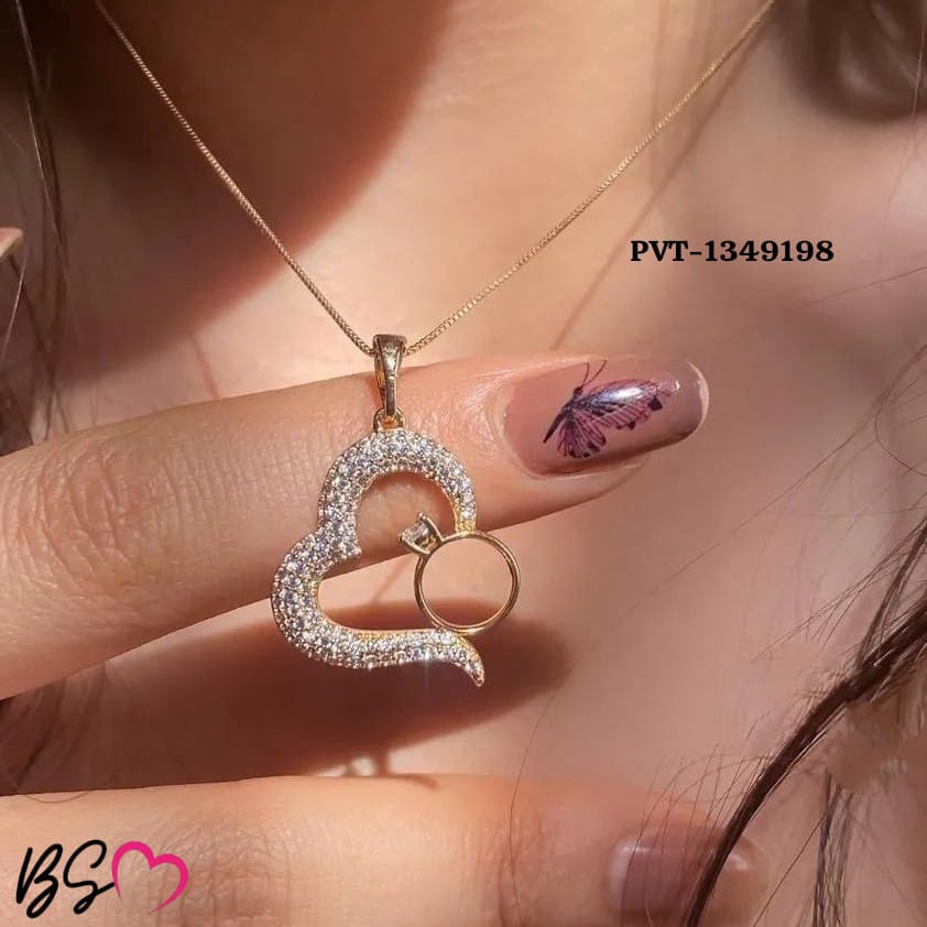 Korean Heart Locket With Ring – Elegant Golden Pendant Necklace - Sku PVT-198 view 2