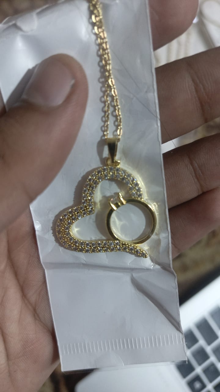 Korean Heart Locket With Ring – Elegant Golden Pendant Necklace - Sku PVT-198 view 4