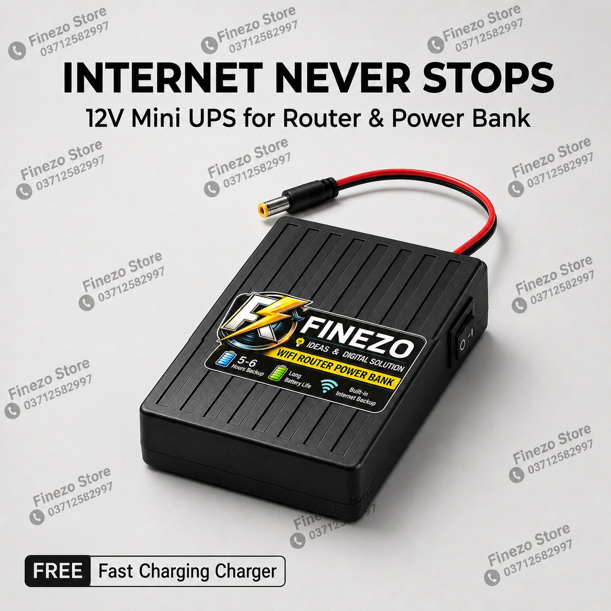 Finezo 12V WiFi Router Power Bank 12000mAh – Mini UPS with 5-6 Hours Backup thumbnail 2