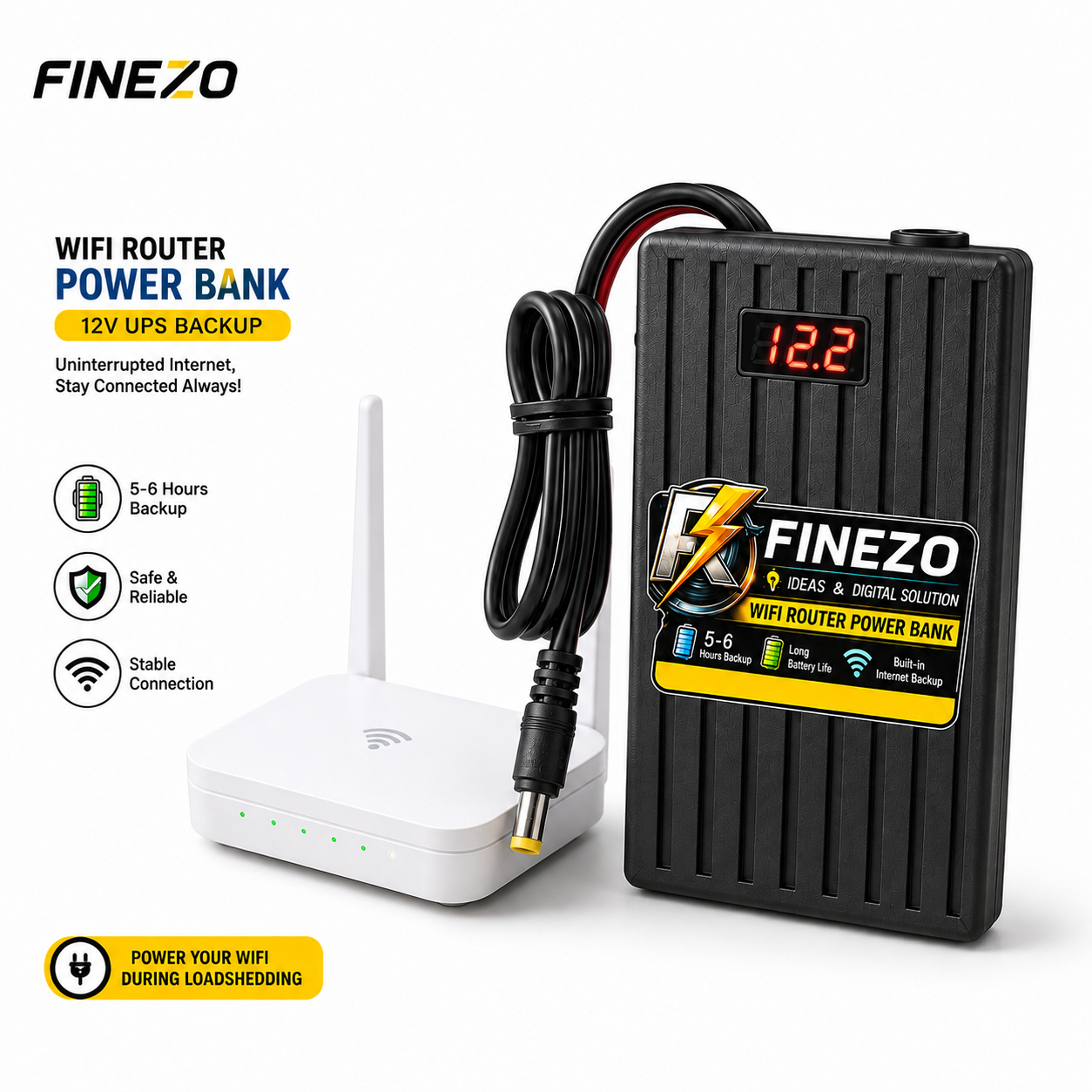 Finezo WiFi Router Power Bank 12V 6000mAh – Router Mini UPS with LED Digital Voltage Display, 5-6 Hours Backup, 0.5A & 1A, Portable WiFi Power Backup