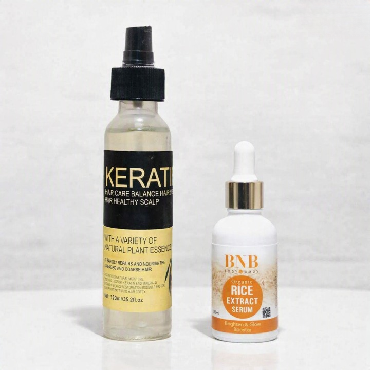 2-in-1 Keratin Hair Serum & BNB Organic Rice Extract Face Serum Deal - 120ml