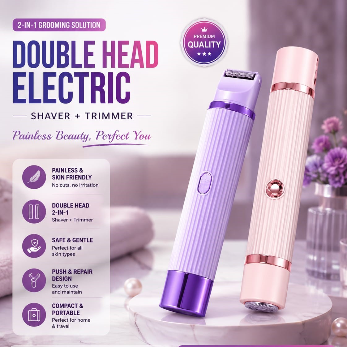 2 in 1 Women Electric Shaver Dual Head Bikini Trimmer for Women IPX7 Waterproof Wet & Dry Use Body Hair Trimmer and Facial Hair Remover for Bikini Underarm Leg Arm Body Face (Random Color) thumbnail 2