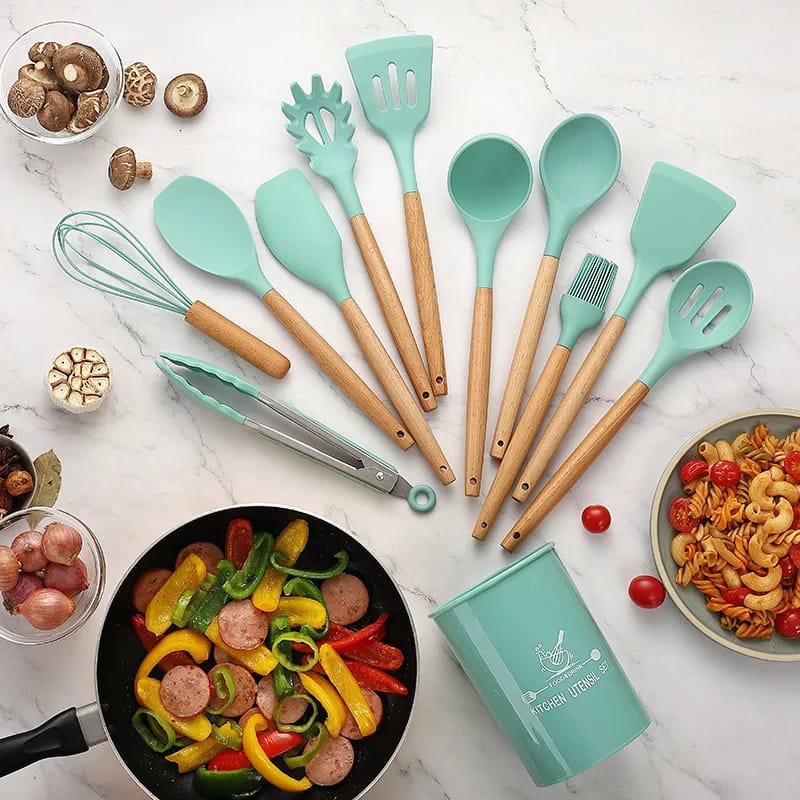 12-Piece Silicone Kitchen Utensil Set with Wooden Handles - Buy Online in Pakistan at Zenbu Store