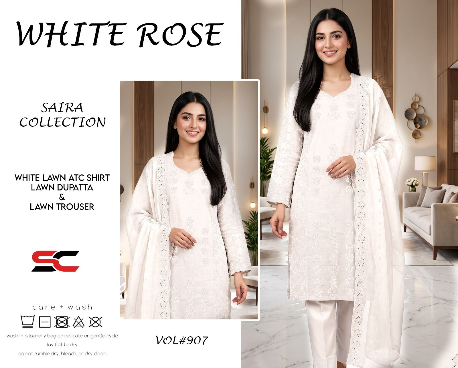 3 Pc Saira Collection White Rose Lawn Suit Vol 907 Premium Quality Fabric Elegant Design Comfortable Stylish Practical Choice For Casual And Semi Formal Wear thumbnail 2