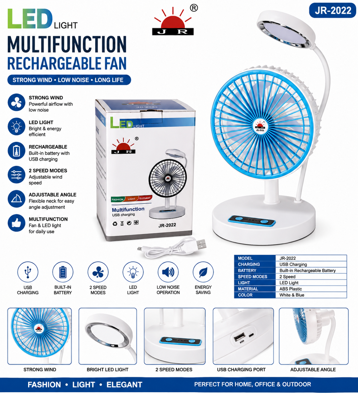 JR-2022 Multifunction Rechargeable LED Desk Fan thumbnail 2
