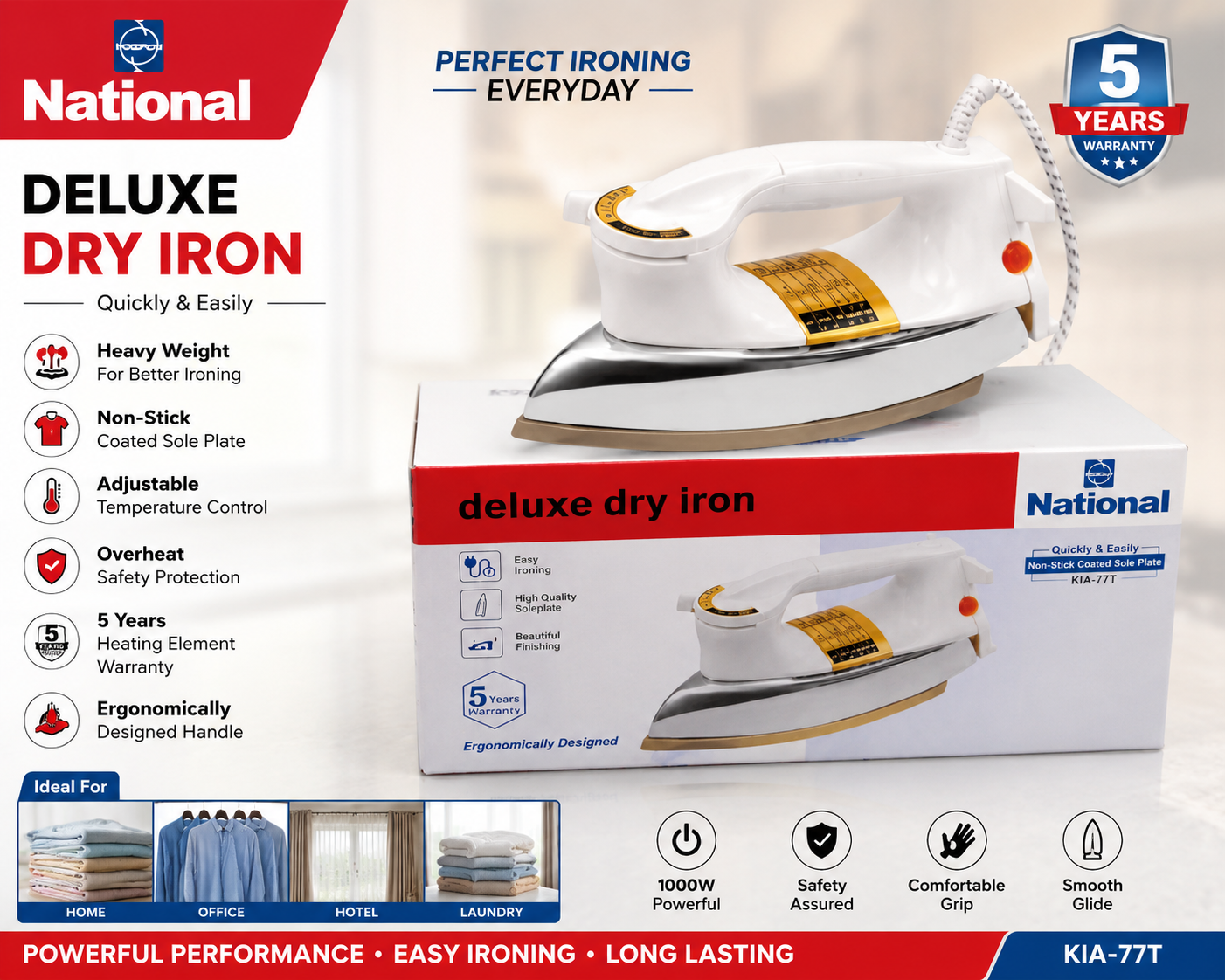 National Deluxe Heavy Weight Dry Iron (KIA-77T) – 1000W Non-Stick Soleplate thumbnail 2