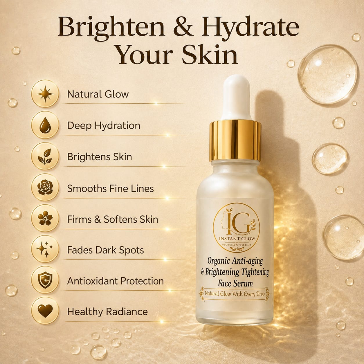 Organic Anti-Aging & Brightening Face Serum – Instant Glow & Skin Tightening - 30ml thumbnail 2