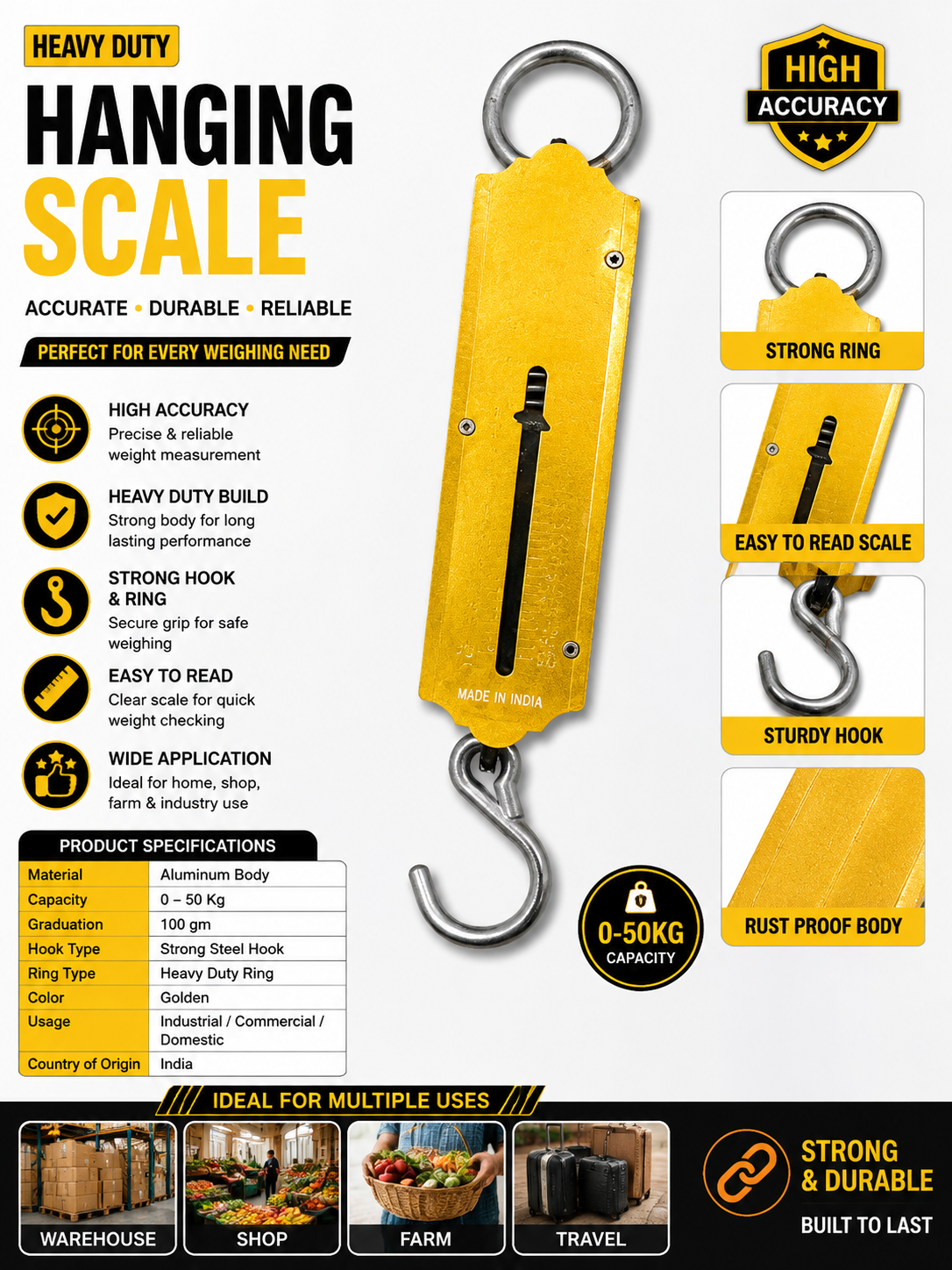 Heavy Duty Mechanical Hanging Scale (50kg Capacity) – Aluminum Body with Steel Hook thumbnail 2