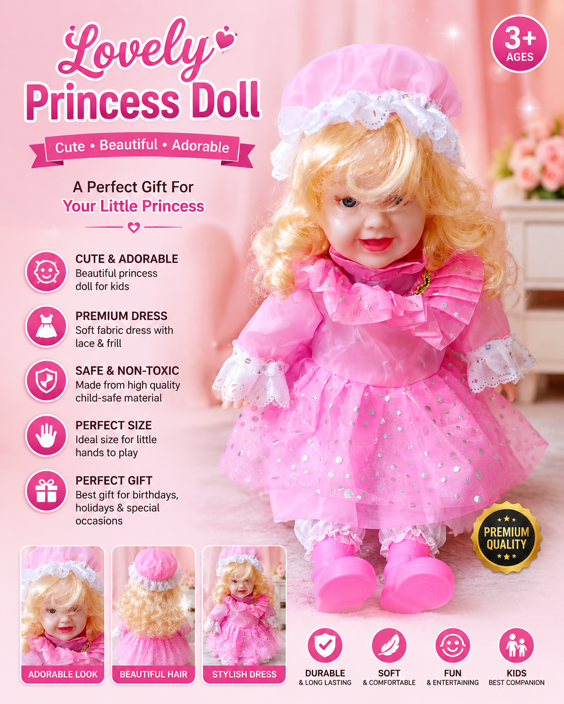Lovely Princess Doll For Kids With Premium Lace And Frill Dress Soft Fabric And Durable Kid-Friendly Design For Birthdays Holidays And Special Occasions thumbnail 4