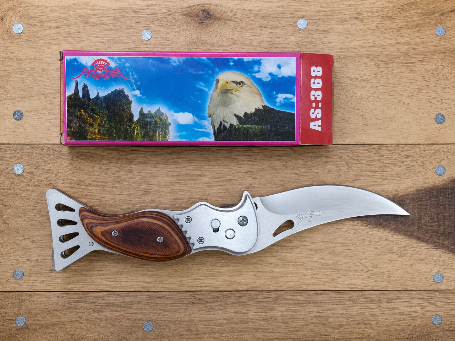 Premium Folding Hawk Knife - AS-368 Featuring A high-quality stainless steel blade and an ergonomic wooden handle thumbnail 2