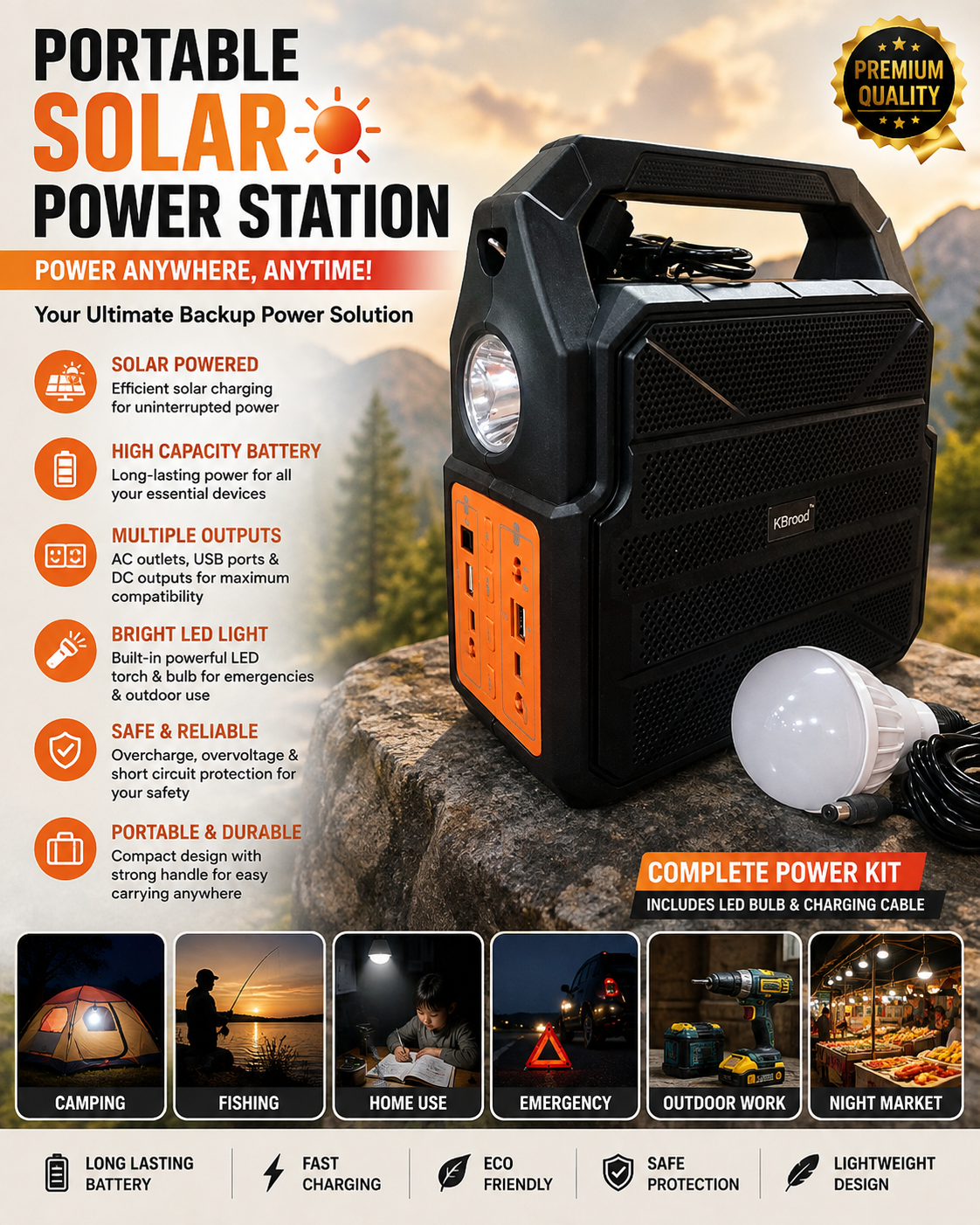 KBroad Portable  Solar Power Station with LED Light & Charging Kit thumbnail 5