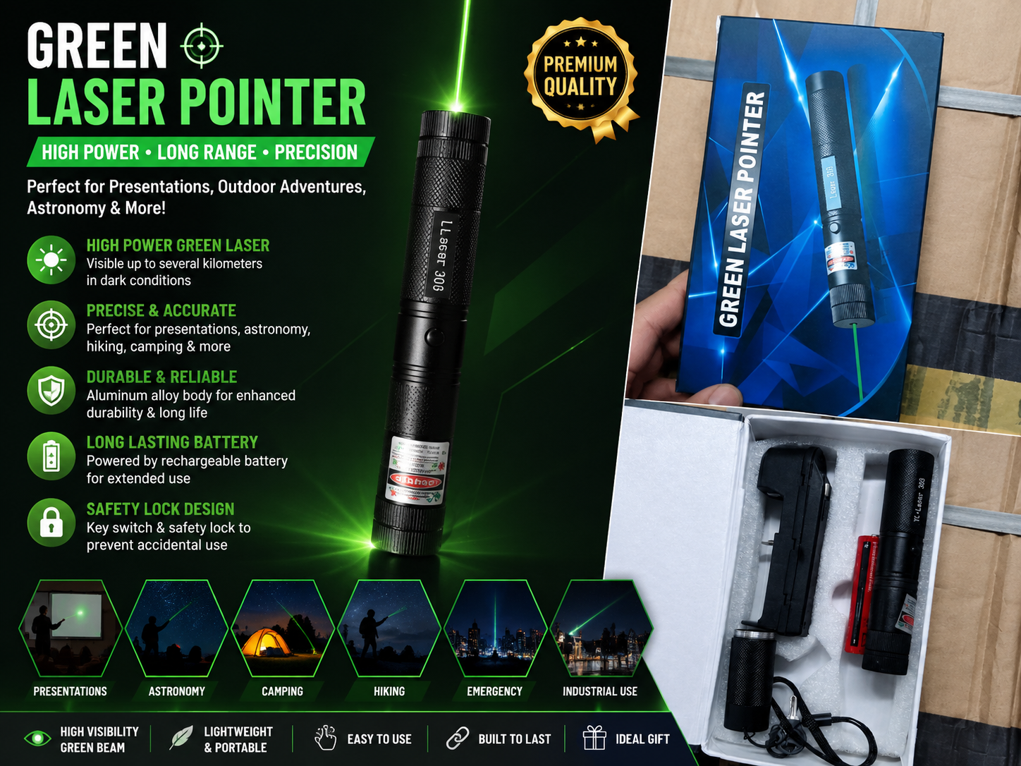High-Power Green Laser Pointer 303 with Safety Lock thumbnail 4