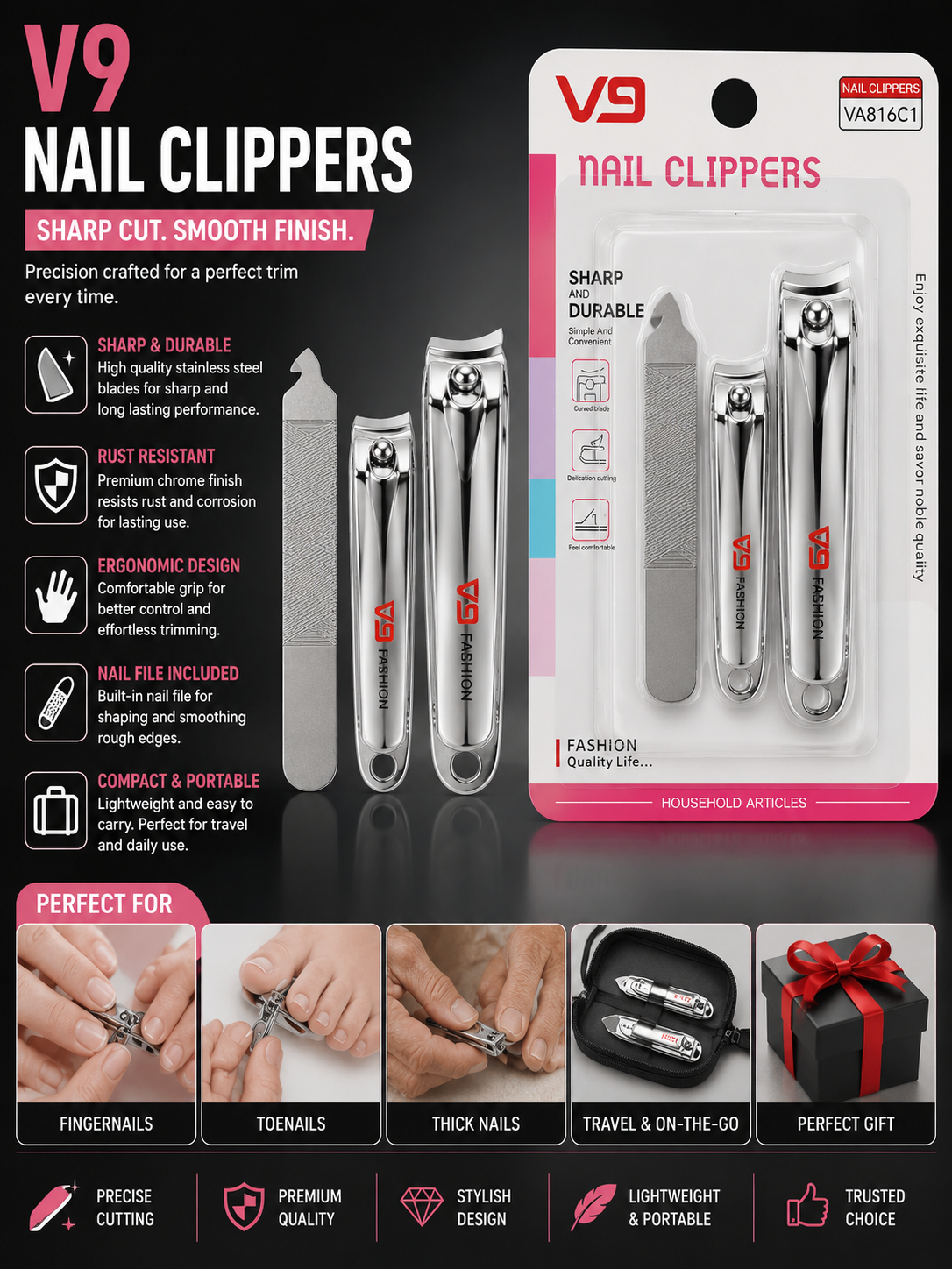 V9 Nail Clippers Set – Professional Stainless Steel Nail Cutter & File Grooming Kit thumbnail 2