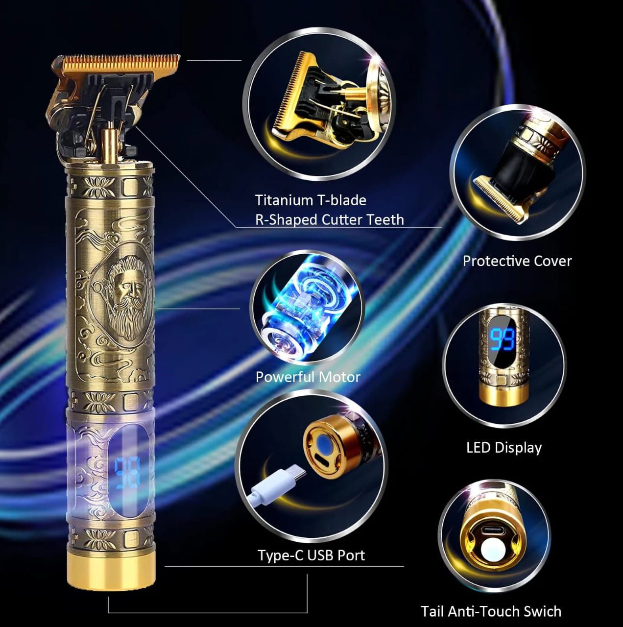 Vintage T9 Rechargeable Hair & Beard Trimmer – Metal Body Hair Clipper thumbnail 4