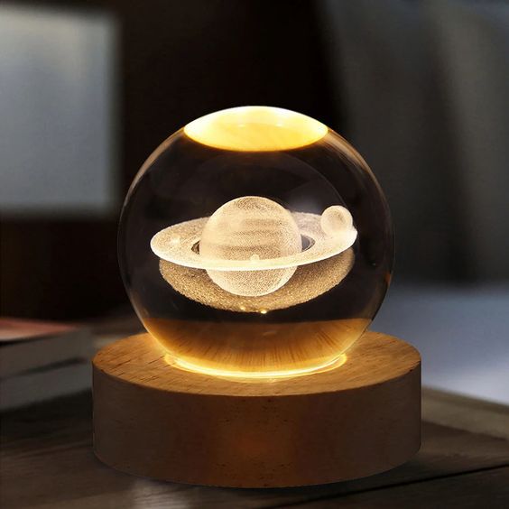 Beautiful 3D Crystal Ball LED Table Lamp With Laser Engraved Solar System Or Galaxy Design On Wooden Base (Random Design) thumbnail 5