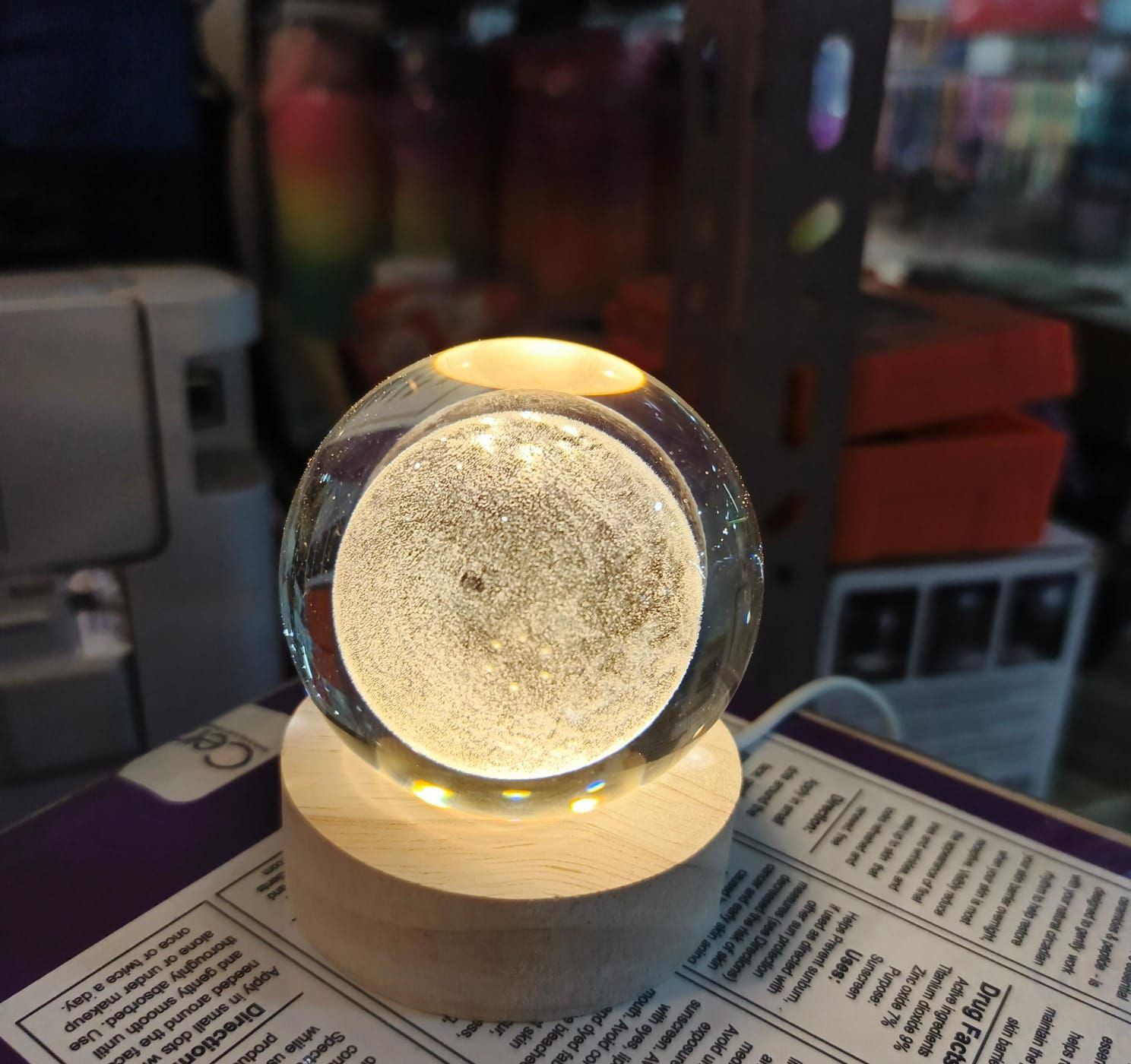 Beautiful 3D Crystal Ball LED Table Lamp With Laser Engraved Solar System Or Galaxy Design On Wooden Base (Random Design) thumbnail 3