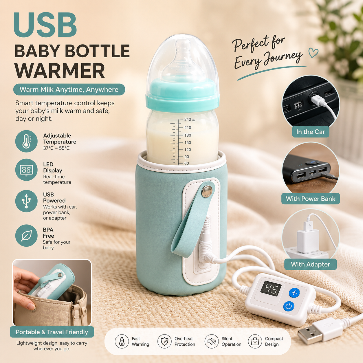 USB Baby Bottle Warmer With Adjustable Temperature Display Portable Milk Warmer For Convenient Baby Feeding At Home Or On The Go
