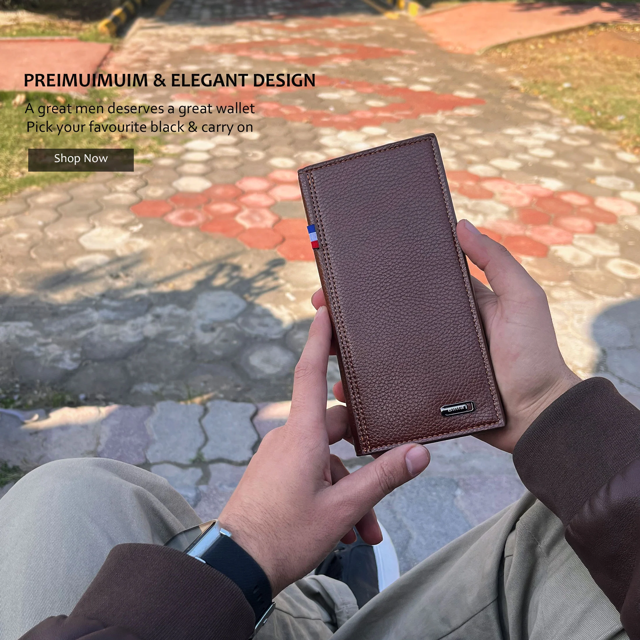 Men's Imported Long Textured Leather Wallet Clutch with Tricolor Accent thumbnail 4