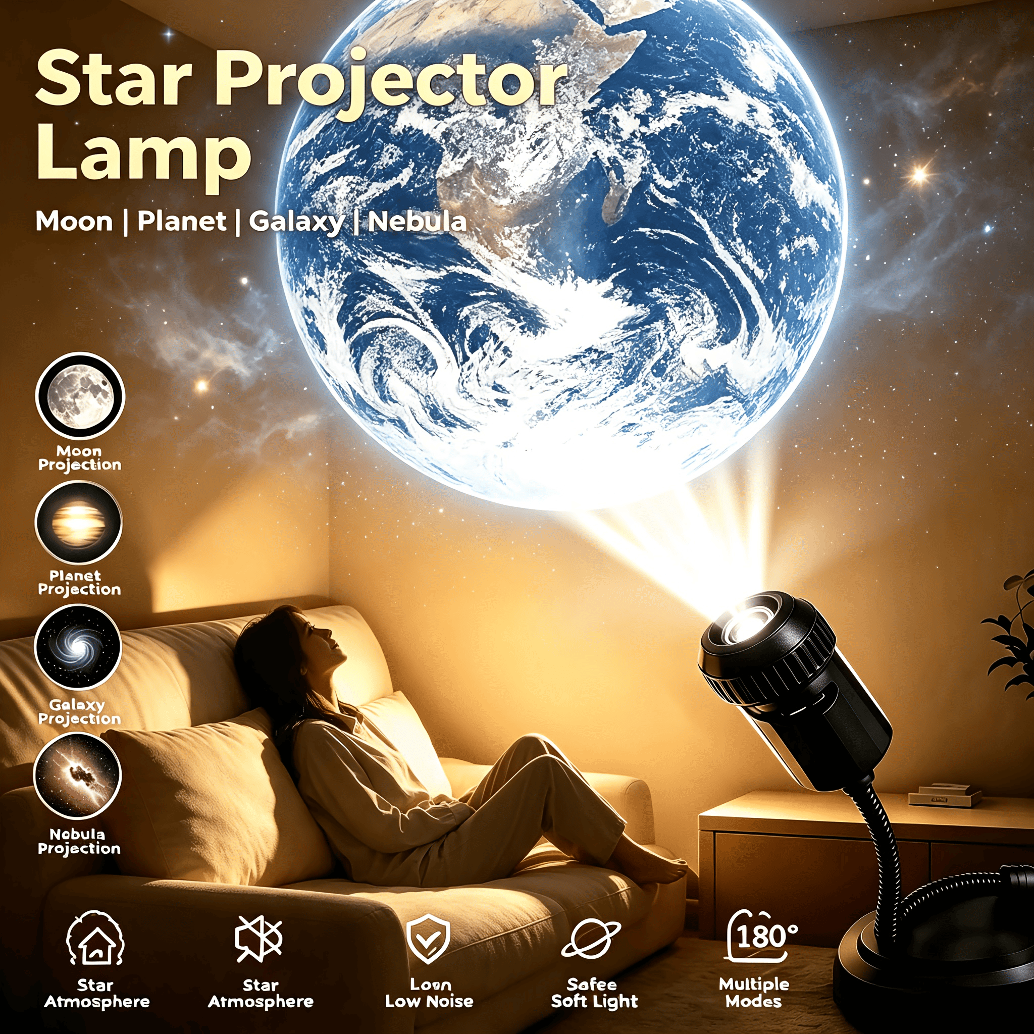 USB Ceiling Moon Earth Projection Atmosphere Light - 3 Interchangeable Lenses thumbnail 3