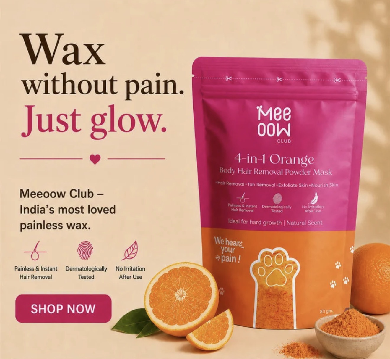 Meeoow Club 10 Min Painless Body Wax Orange Hair Removal Powder 100g Gentle Effective Formula For Smooth Skin And Easy At Home Use thumbnail 3