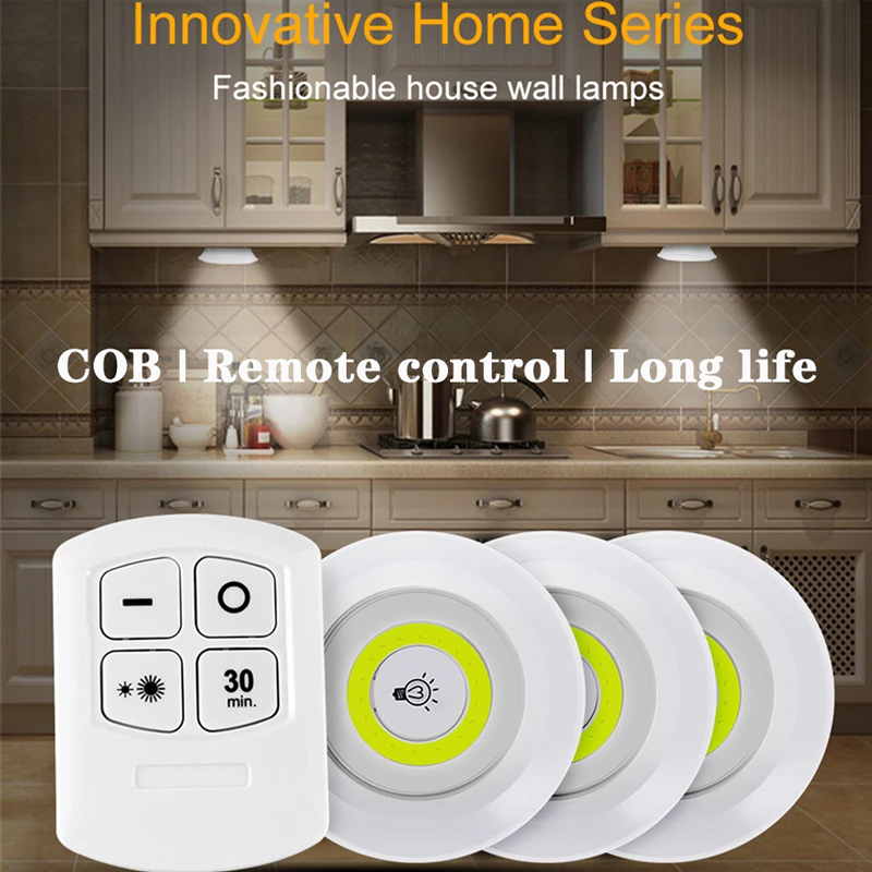 Pack Of 3 LED Remote Control Lights | Tap Light For Cabinet Wardrobe Room Kitchen & Office Use | Self-adhesive Lights With Remote (Cell Operated) thumbnail 3